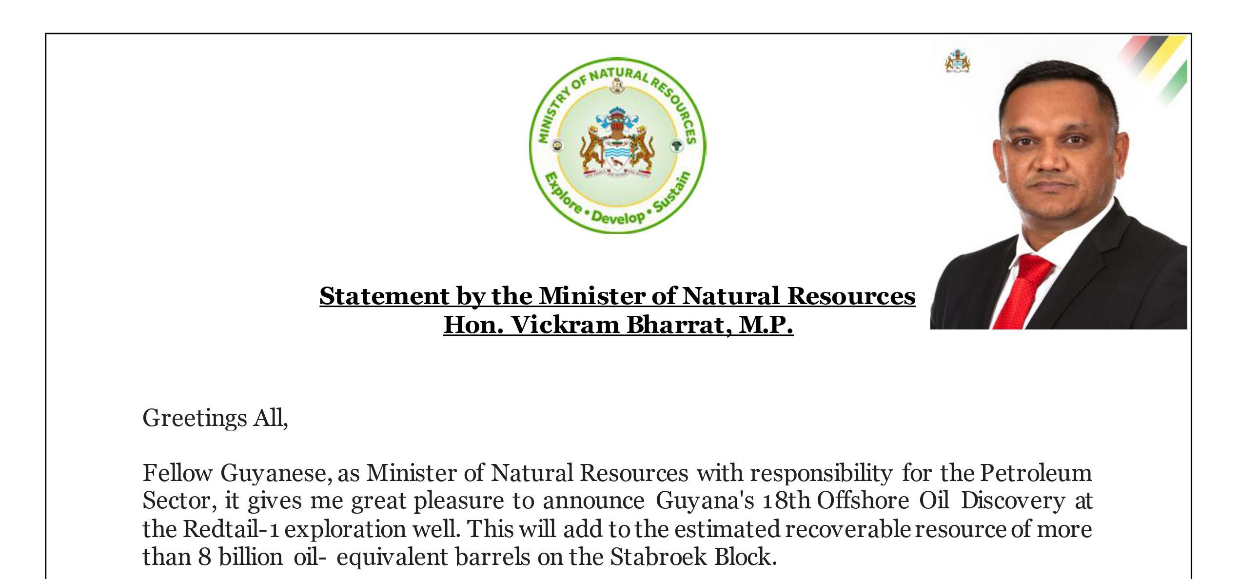 Statement by the Minister of Natural Resources Hon. Vickram Bharrat, M