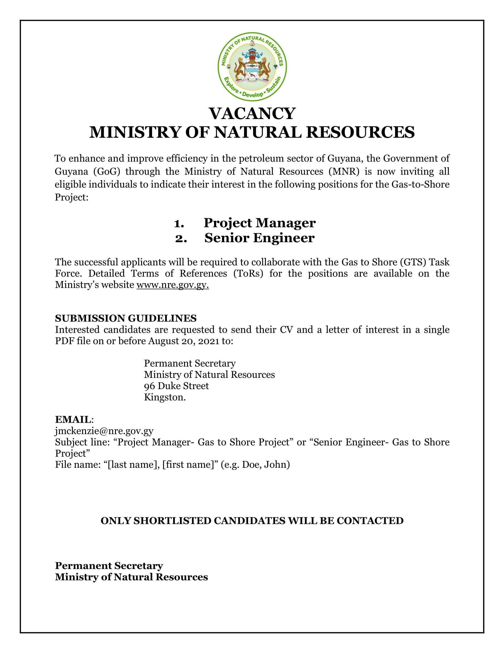 Vacancy Gas To Shore Project Ministry Of Natural Resources